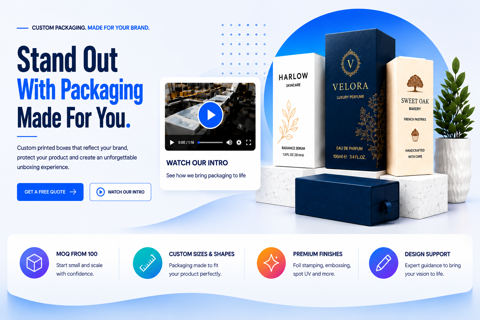 Custom printed packaging from Bluebird Packaging featuring premium branded boxes, custom sizes, premium finishes and design support