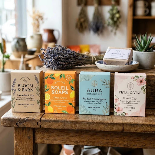 Custom printed cardboard soap boxes with botanical artwork and premium finishes
