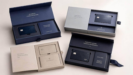 Open rigid card packaging box with a fitted insert for a premium card