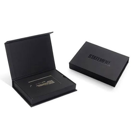 Premium card packaging with foil stamping and embossed branding