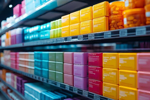 Standard folding carton retail boxes arranged on a store shelf
