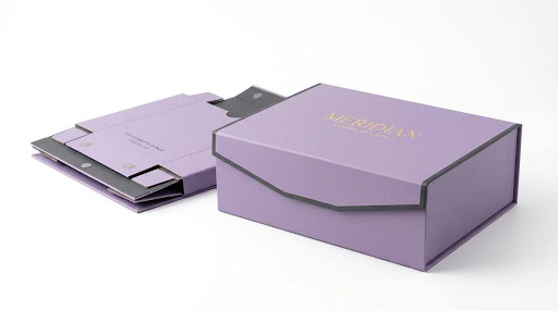 Collapsible rigid box folded flat beside an assembled standard rigid gift box