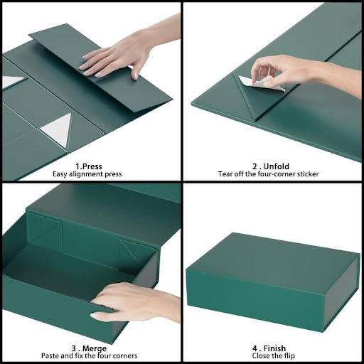 Collapsible rigid box construction showing folding panels and reinforced corners