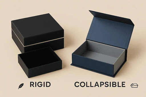 Flat-packed collapsible rigid boxes compared with assembled rigid boxes for storage