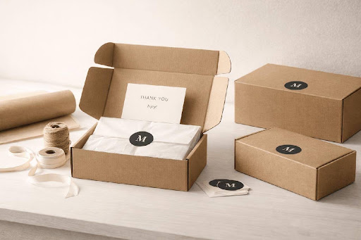 Plain kraft packaging customized with a small business logo sticker
