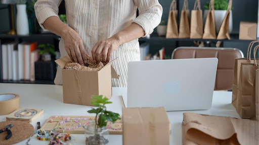 Corrugated shipping box with protective packaging for small business orders
