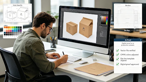 Packaging artwork and printed proof being checked before box production. Bluebird Packaging 