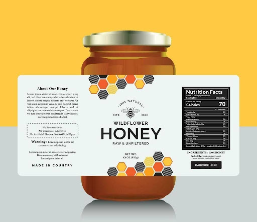  Honey label layout showing product name, net weight, business details, and food labeling information - Bluebird Packaging
