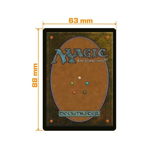 Standard MTG card shown with its width and height measurements. Bluebid Packaging 