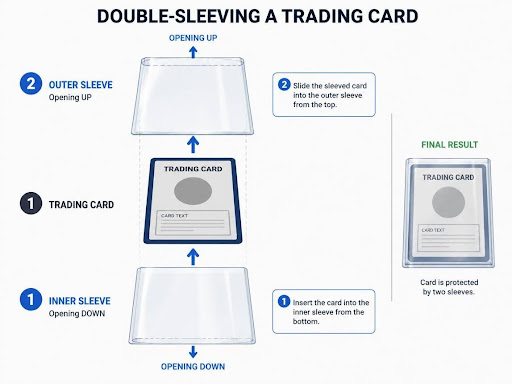 Diagram explaining inner and outer sleeves for standard Magic the Gathering cards. Bluebird Packaging 