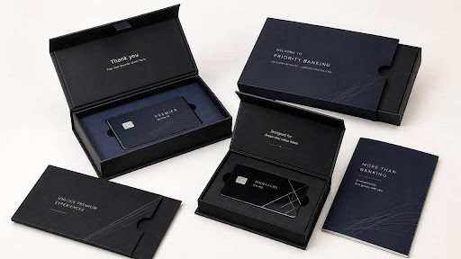 Custom credit card packaging box with a fitted card insert and branded exterior
