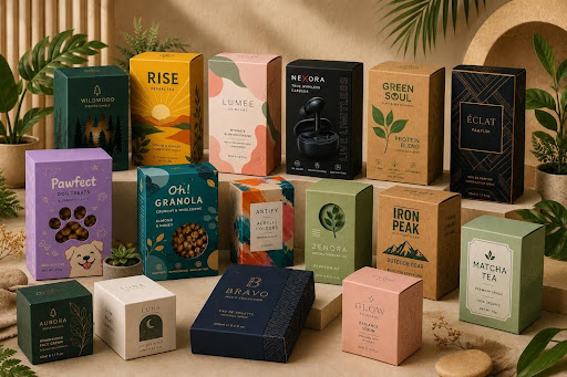 Custom retail packaging designs displayed on a store shelf 