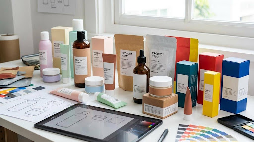 Retail packaging artwork showing coordinated brand colors, typography, and logo placement 
