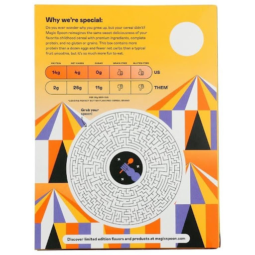 Back of a cereal box with a maze activity and nutrition label on the side
